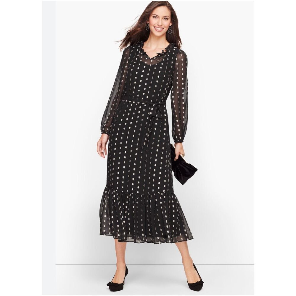 Talbots Black & Silver Clip Dot Shimmer Party Holiday Maxi Dress sz 16 NWT
